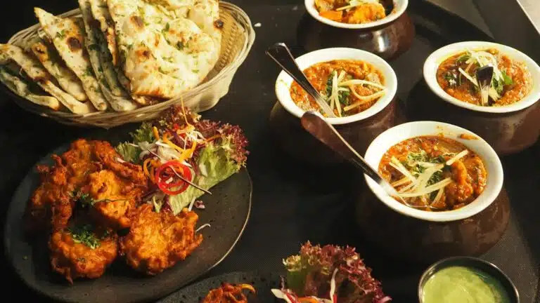 Verschiedene indische Gerichte auf schwarzem Untergrund (indian dishes)